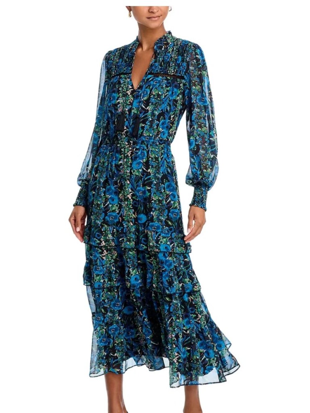 Aqua L24902 Womens Black Multi Floral Chiffon Tiered Blouson Midi Dress Size M